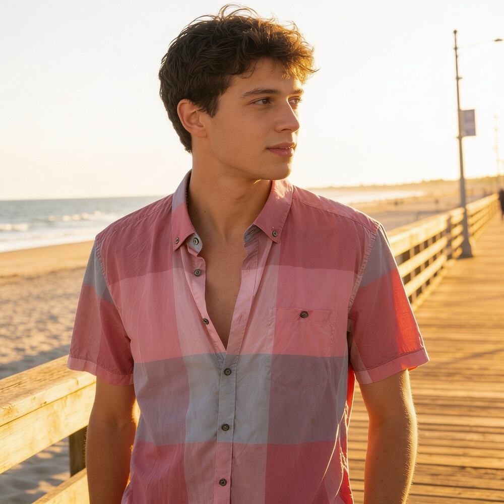 Ted Baker London Plaid Button Down Short Sleeve Cotton Shirt Pink Gray S Preppy